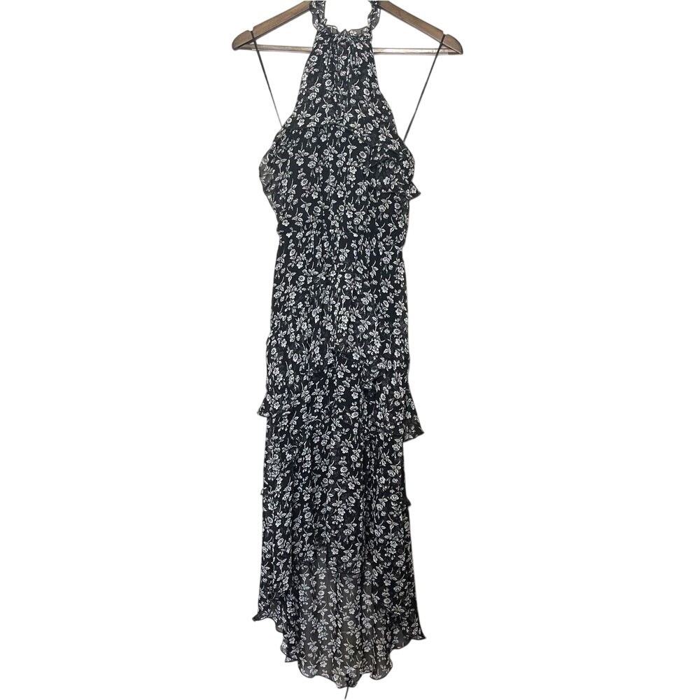 Express Black White Halter Hi-Low Dress Small Tiered Boho Wedding Guest